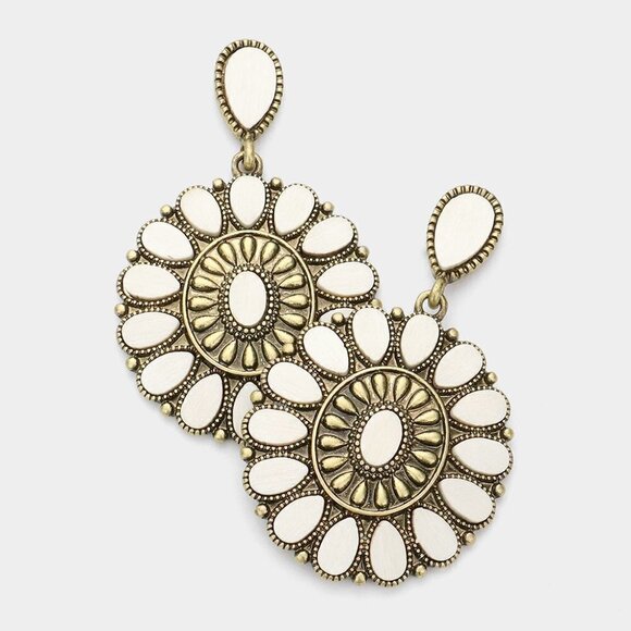 NEW Ivory Wood Antique Gold Western Design Dangle Earrings - Picture 1 of 8